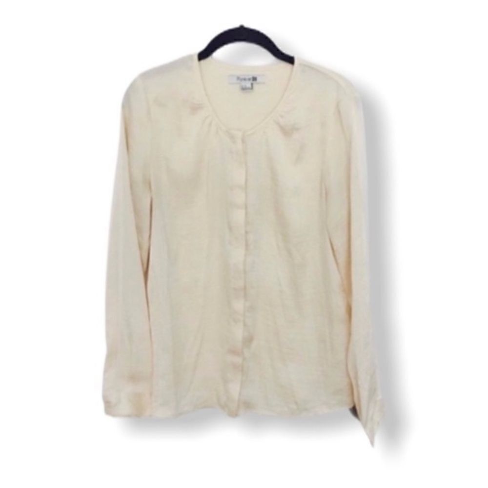 Forever 21 M Cream Satin Button Down Blouse Hidden Placket Long Sleeve Top